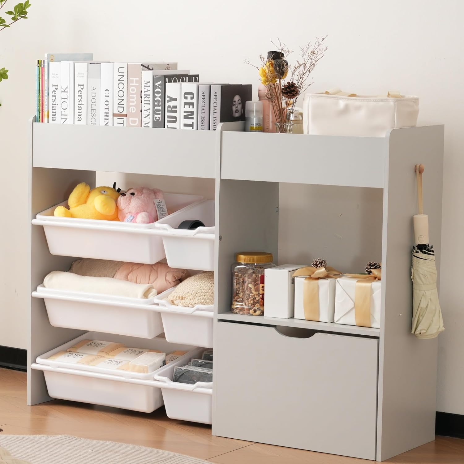 OSJ おもちゃ収納 本棚 幅109cm 引き出し子供家具 絵本棚 ラック シェルフ 玩具箱 木製